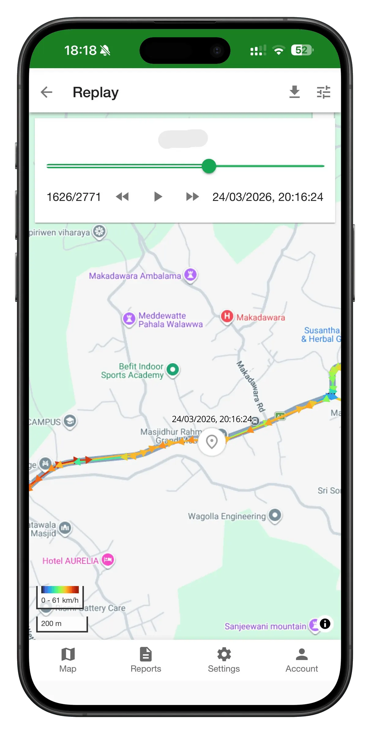 Route Playback (History) - Wegashine app on a phone