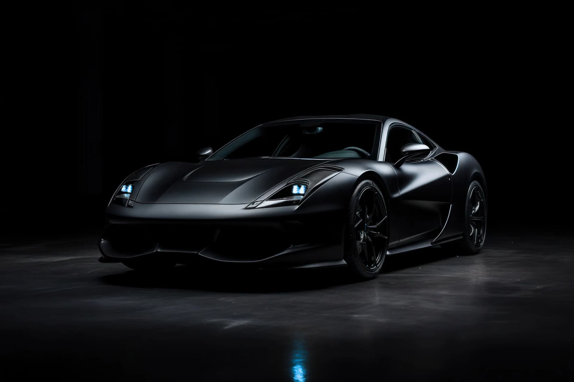 Blue supercar in a warehouse - dramatic lighting and reflective floor